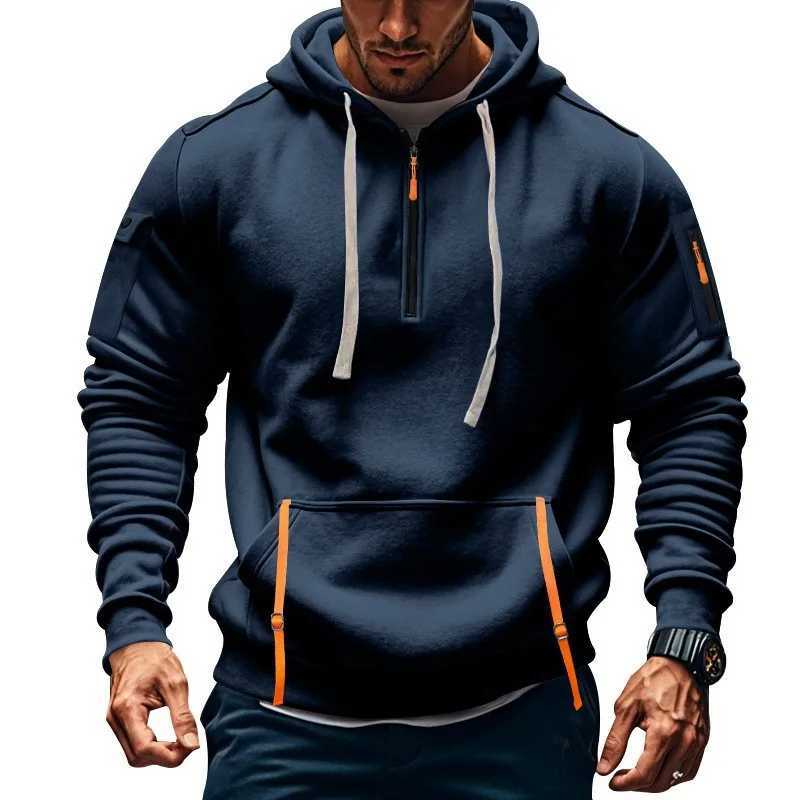 Autumn and Winter New Mens Outdoor Sports Tooling Wind leisure comfortable solid color arm pocket zipper long-sleeved hoodie W241213