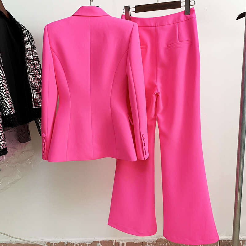 Ladies' Suit HIGH QUALITY New S/S Designer Runway Set Women Single Button Slim Fit Blazer Suit Flare Pants Two Pieces Set Hot Pink