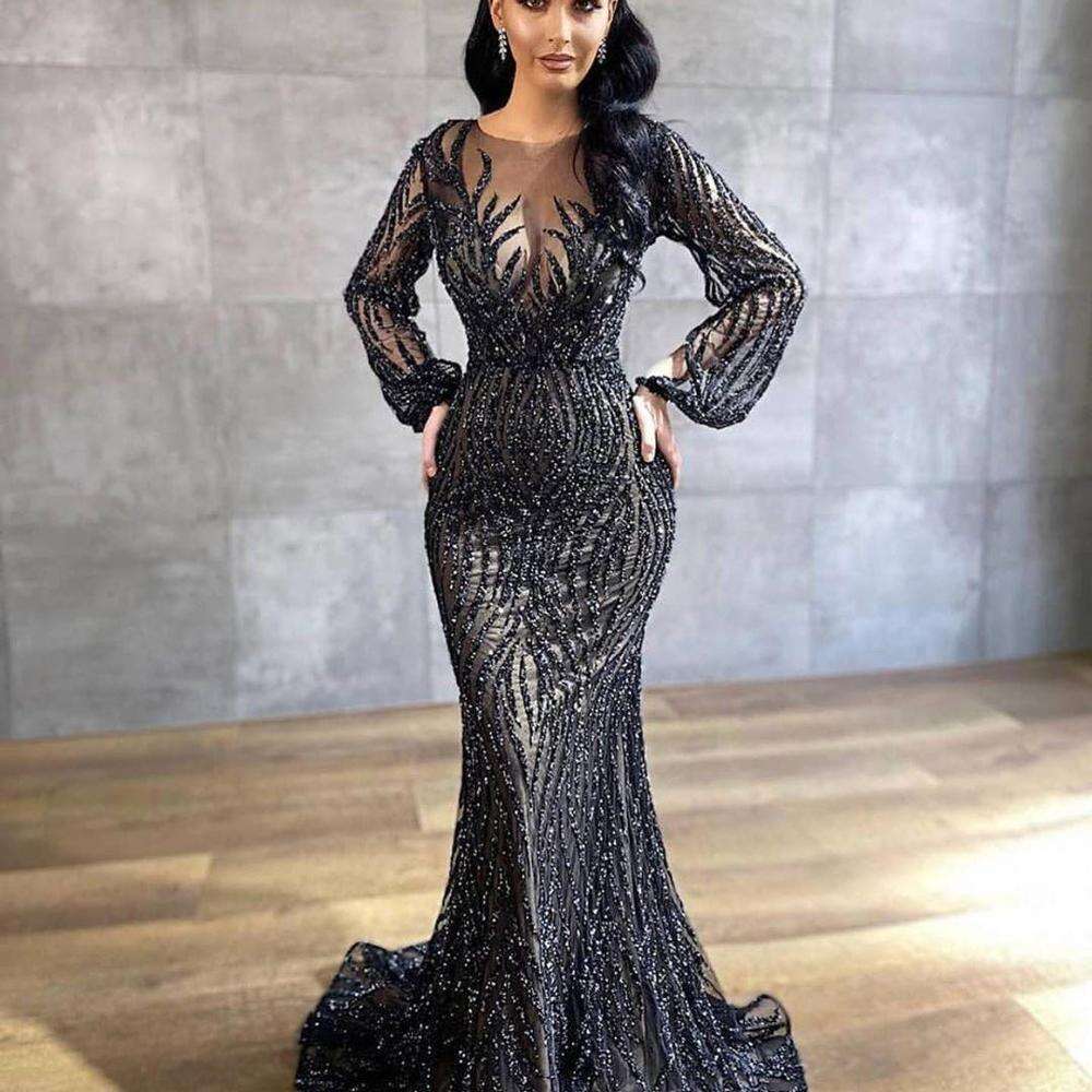 Black Luxurious Long Sleeves Mermaid Prom Dresses Muslim Vestidos De Noiva Backless Rhiestones Crystal Evening Gowns