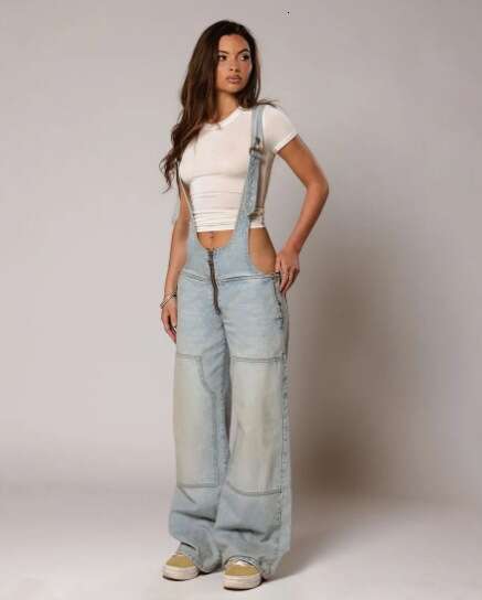 European American New Fashionable And Sexy Suspender Solid Color Sleeveless Suspender, Denim Zipper Pocket Pants, Women's Fashion Quality Classic