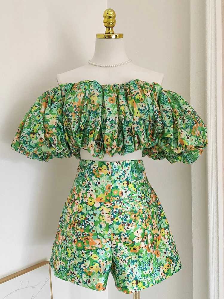 Women's Two Piece Pants Womens Retro Grn Printing 2-Piece Set 2024 Summer New Floral Puffed Slve Top+High Waist Shorts Suit Female Holiday Clothe
