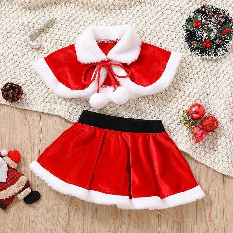 1-4T childrens and girls 2-piece Christmas clothing with contrasting color splicing collar plush ball tie shawl top elastic waist skiing set W241213