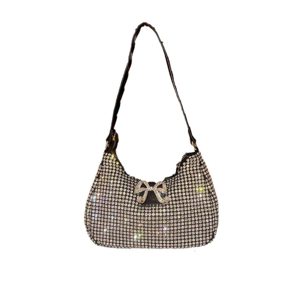 Luxury designer diamond studded women's armpit niche sparkling rhinestone dinner bag, cute bow handbag