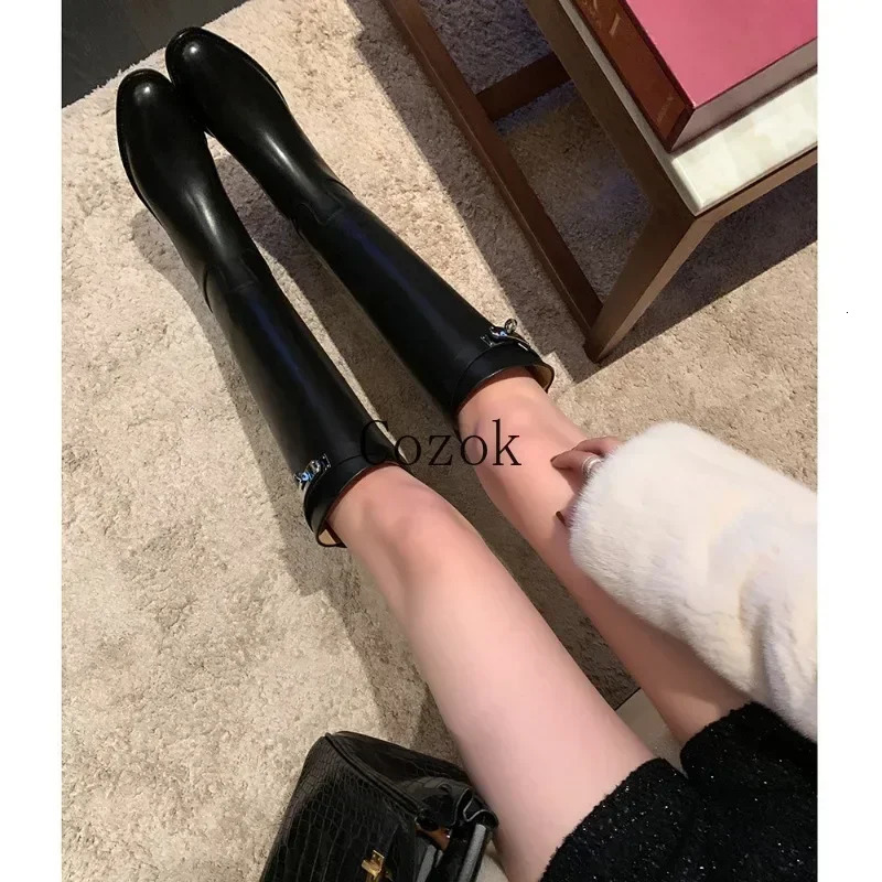 2024 Thigh High Boots Brown Women Vintage Leather Square Heel Knee Height Buckle Boot Keep Warm Round Toe Shoes British Style 241213