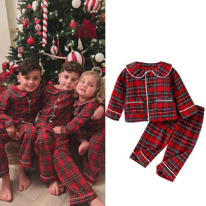 FOCUSNORM 0-5Y Autumn Winter Kids Girls Boys Christmas Pajamas Clothes Sets Plaid Print Turn Down Collar Shirts+Pants W241213