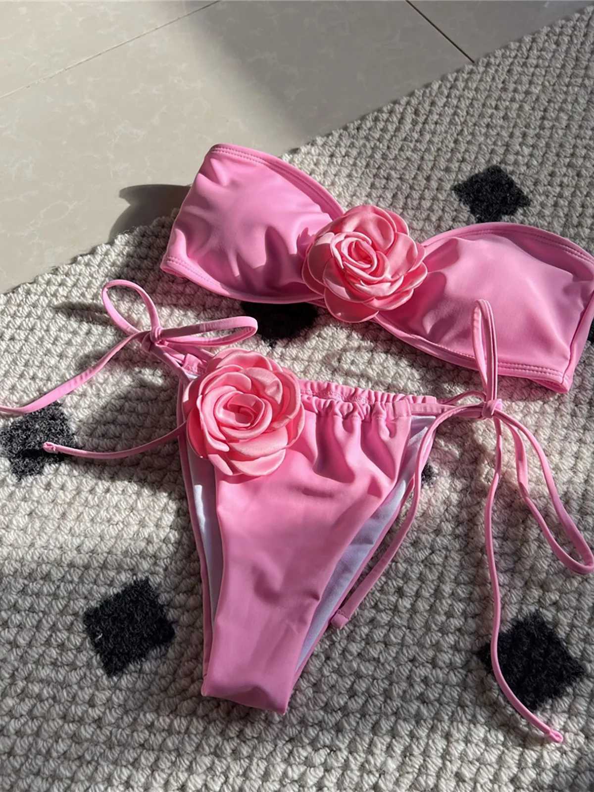 14 Colors 3D Flowers Bandeau High Cut Bikini Fa Swimsuit Women Swimwear Two-pieces Bikini set Bather Bathing Suit Swim K5265XJ241212