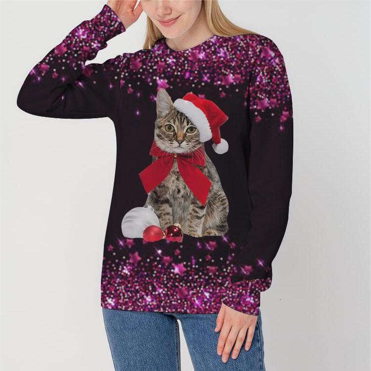 Foreign Trade Women's Cat Christmas Hat Printed Hoodie Trendy Clothing Fashionable Casual Temperament