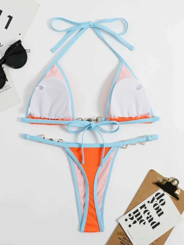 OIINAA Swimsuit Women Sexy Halter Block Color Bikini Set Pearl Metal Ring Swimwear Lace Up Biquinis Two-piece Thong Bathing SuitXJ241212