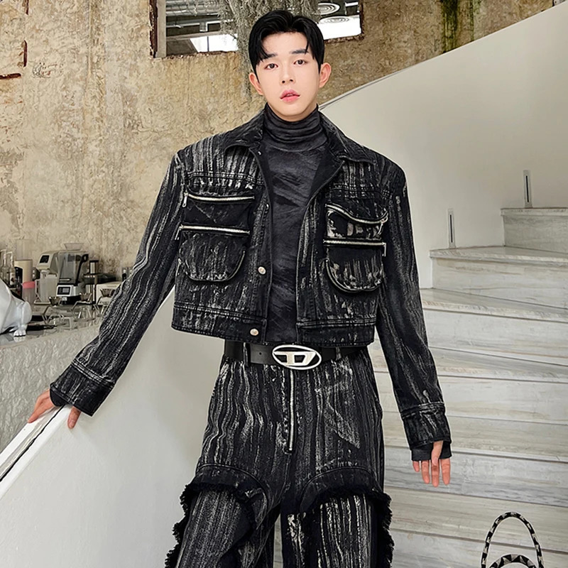 LUZHEN Denim Trendy Set Two Pieces Hand Dyed Painted Men Fashion Big Pockets Short Jacket Straight Wide Leg Jeans Autumn 63d806 241213