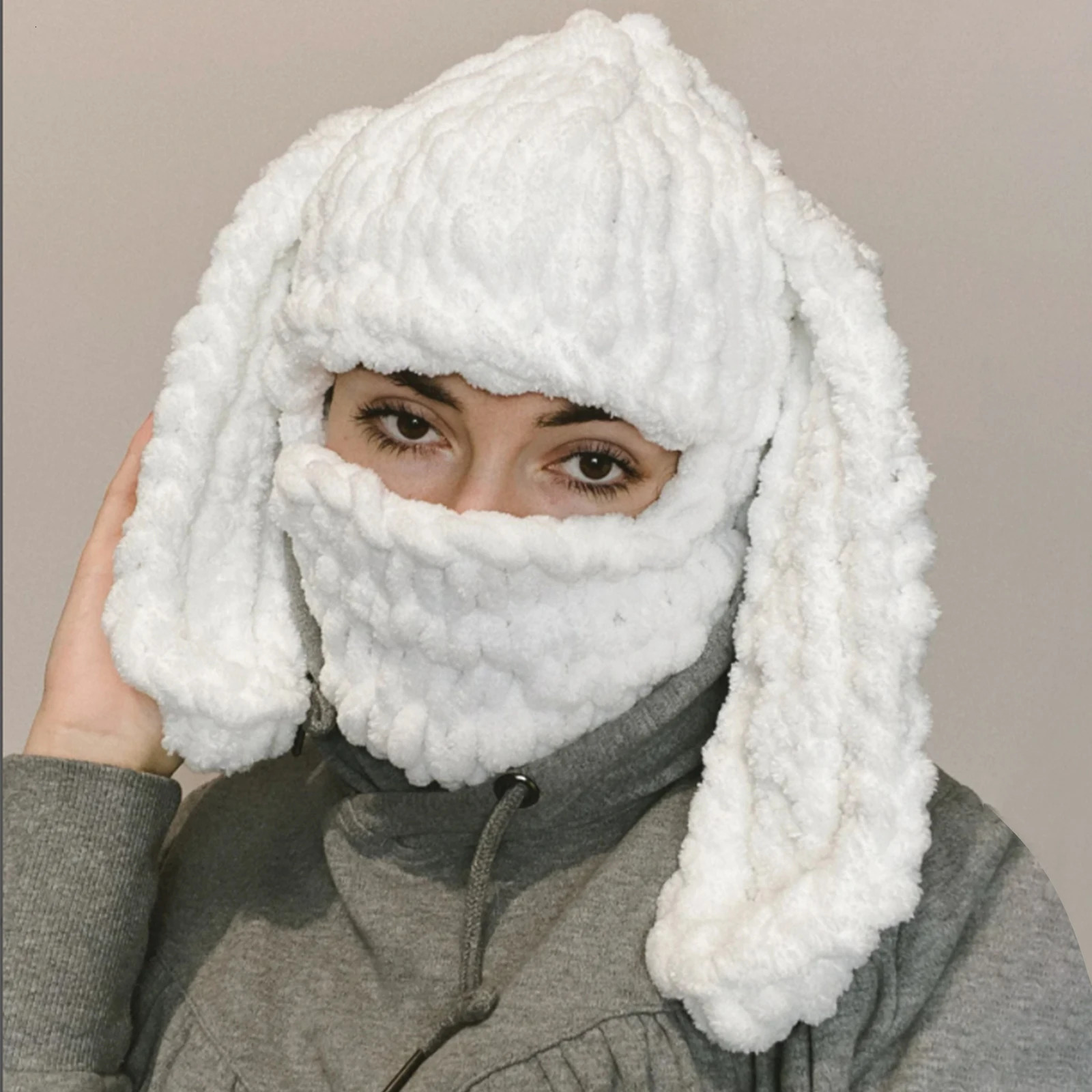 Womens Winter Plush Hat Cute Balaclava with Rabbit Ears Fun Hat for Skiing Hiking Camping 241205