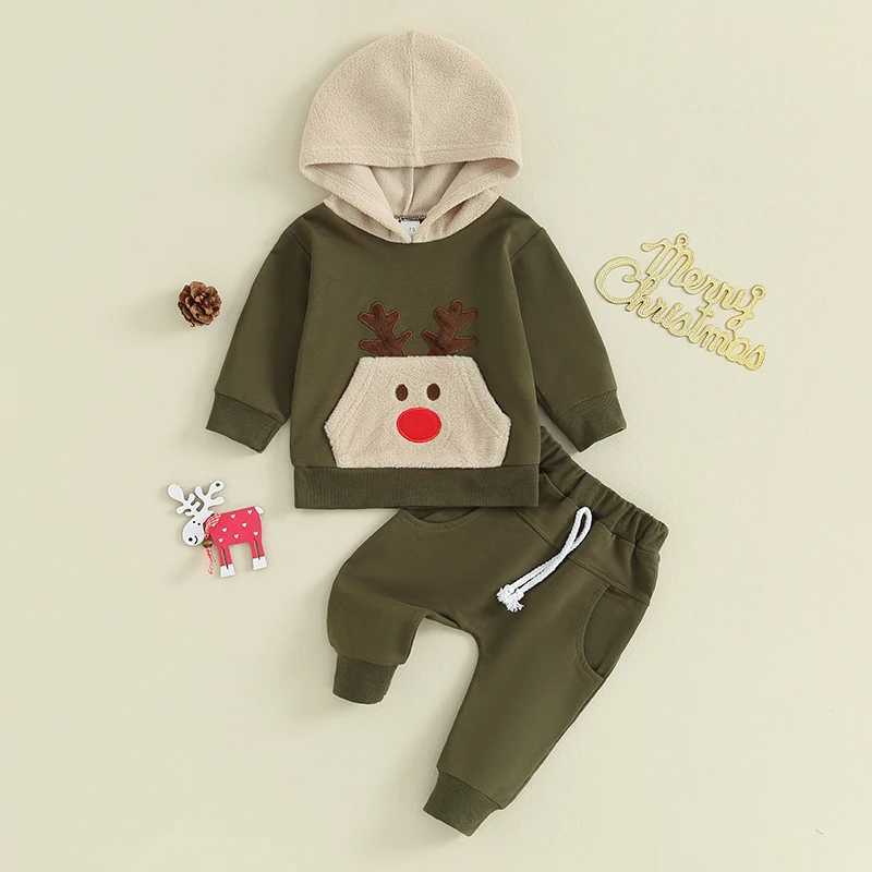 FOCUSNORM 0-3Y Toddler Baby Boys Christmas Clothes Sets Deer Print Long Sleeve Pocket Hoodies Pullover Tops Elastic Waist Pants W241213