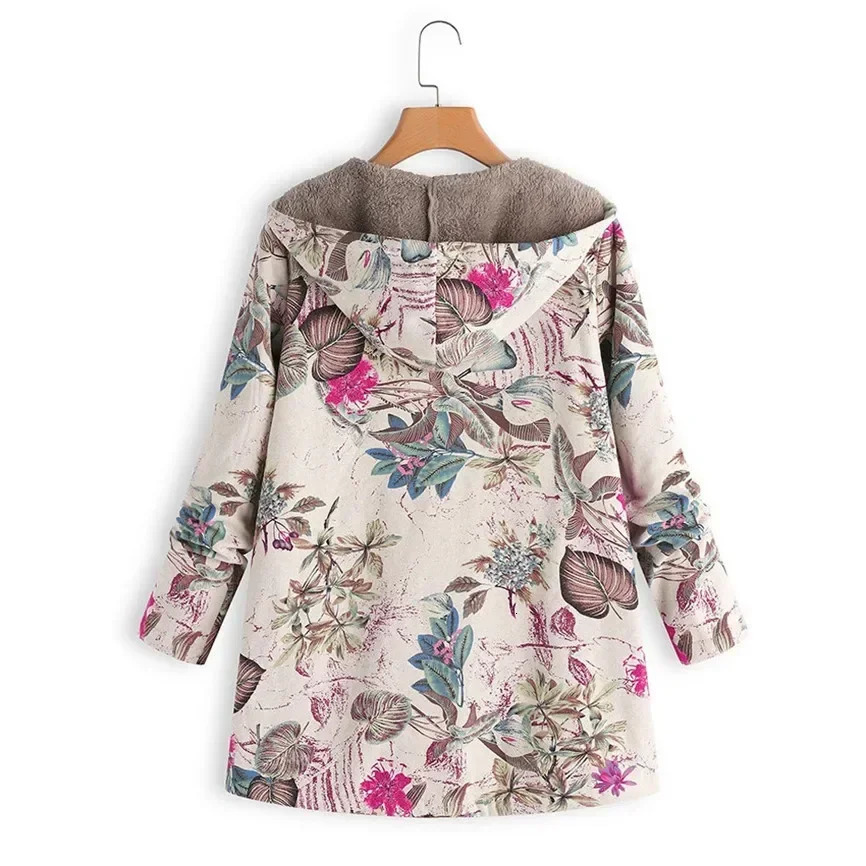 Hooded Coat Women Printed Long Sleeve Plus Size Vintage Tops Autumn Winter Warm Leisure Zipper Woolen Cloth Jacket 241213