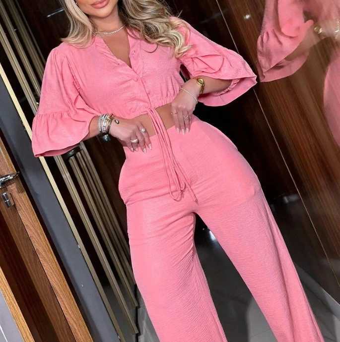 Women's Two Piece Pants Fashion 2024 Women Two Piece Set Outfits Solid Color V-Neck Flared Slve Tie Up Top Wide Leg Pants Casual Set Sport Suit Y