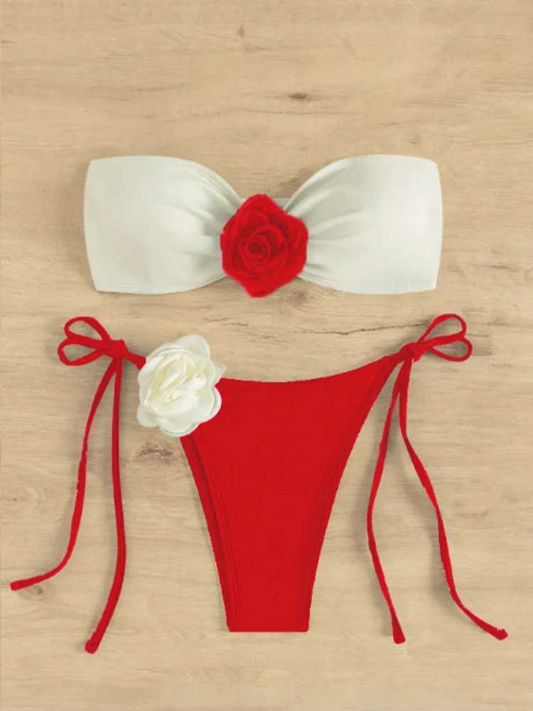 Sexy Floral Bandeau Bikini 2 Piece Set Women Lace Up Split Swimsuit High Waist ss Beach Bikini 2024 New Summer Bikinis SetXJ241212