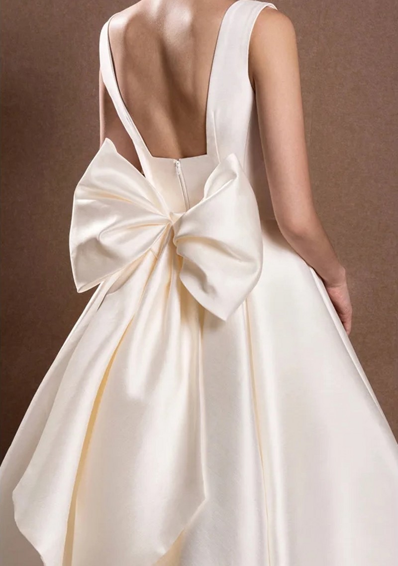 Vintage Short Tea Length Wedding Dresses Square Neck Big Bow Satin Bridal Party Gowns Vestido De Novias Robe De Mariage