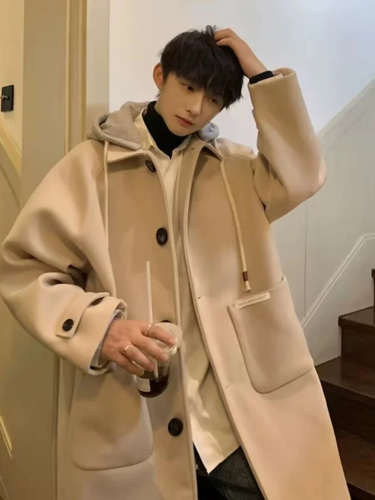 Autumn Winter Thick Woolen Coat Mens Loose Fitting Twopiece Hooded Trench Trendy Windbreaker Mid Length Jacket 241213