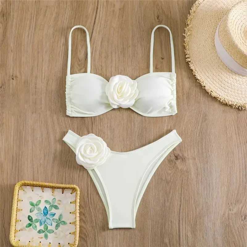 Sexy Flower Bandeau Swimwear Thong Bikini 2024 Women Lace-up Swimsuits Swimming Bathing Suit Brazilian Bikinis Set Mujer BiquiniXJ241212
