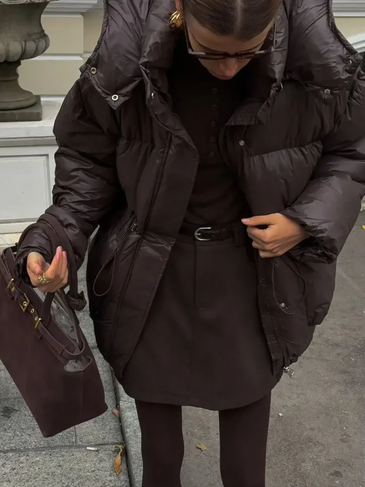 2024 Winter Solid Drawstring Quilted Cotton Coat Fashion Stand Collar Hooded Warm Jacket Lady Thicken Casual Streetwear 241212