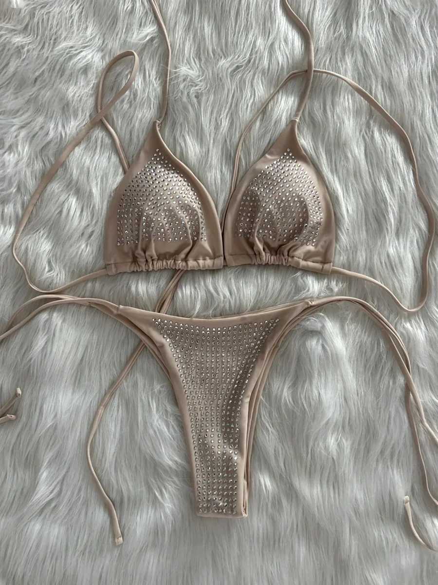 Shiny Sequin Diamond Bikini Women Swimwear Fa Swimsuit Two-pieces Bikini Set Wrap Around Halter Bathing Suit Swim Beach WearXJ241212