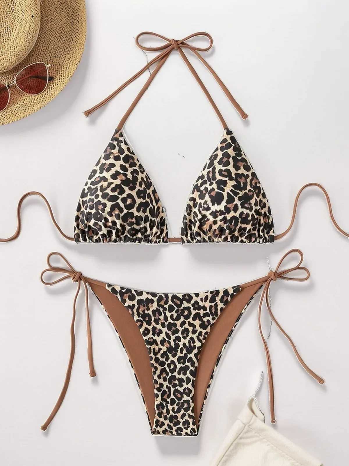 Sexy opard Print Two Piece Swimsuit Set Triang Bra Suspender Halter ss Bikini Set Beach Vacation Lace-up Swimwear 2025XJ241212
