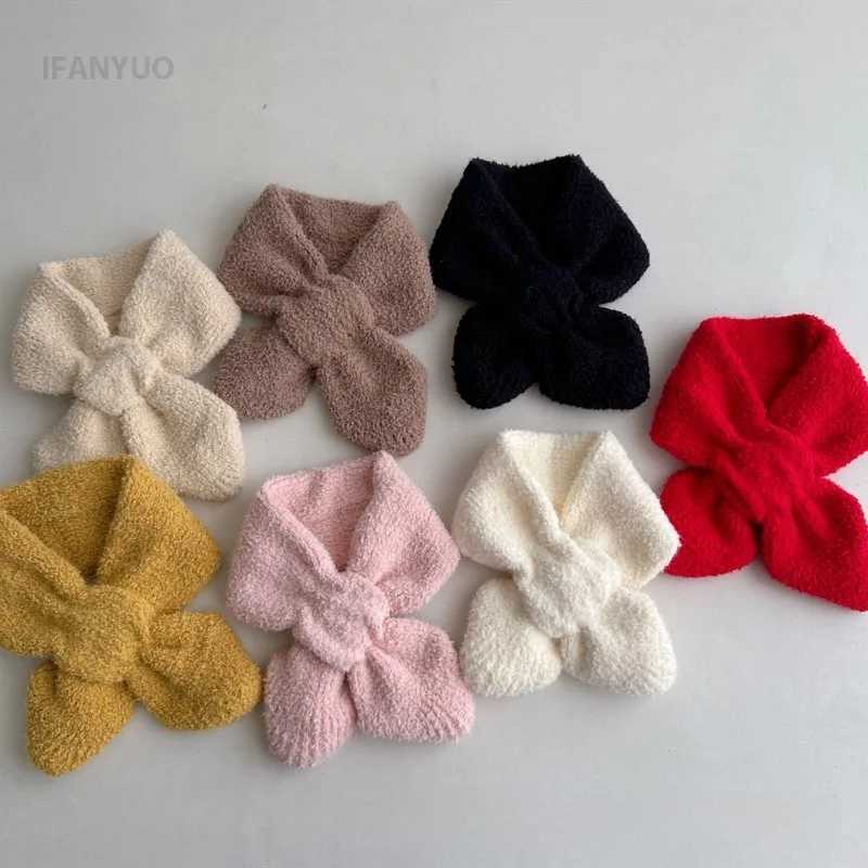 Scarves Wraps 0-6Y Baby Scarf Winter Knitted Plush Soft Cotton Solid Color Versatile Baby Windproof Outdoor Cross Scarves Warmer Neck Cover H241213