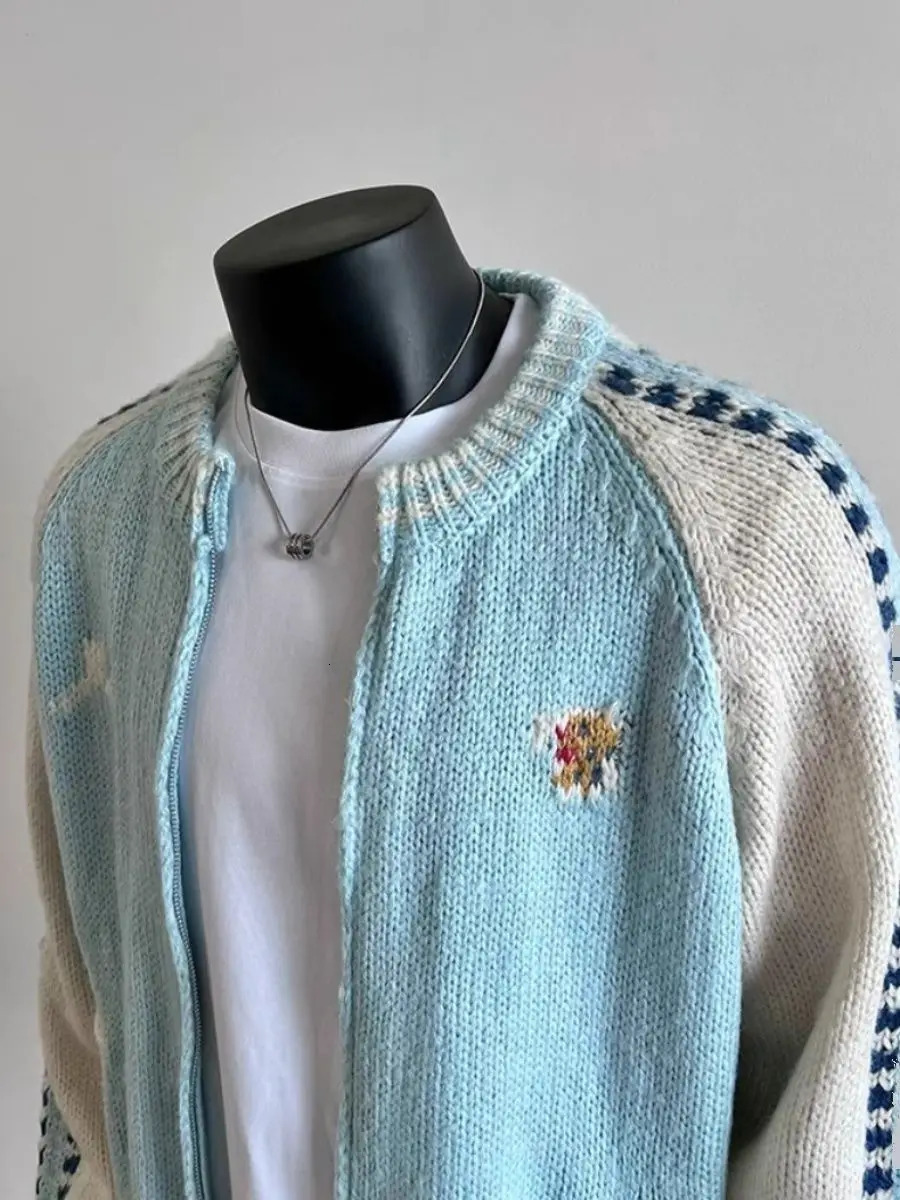 Fashion Trend n Knitted Wool Colorblocked Zipper Jacket Mens Winter Simple Casual Warm Couple Sweater Cardigan 241213