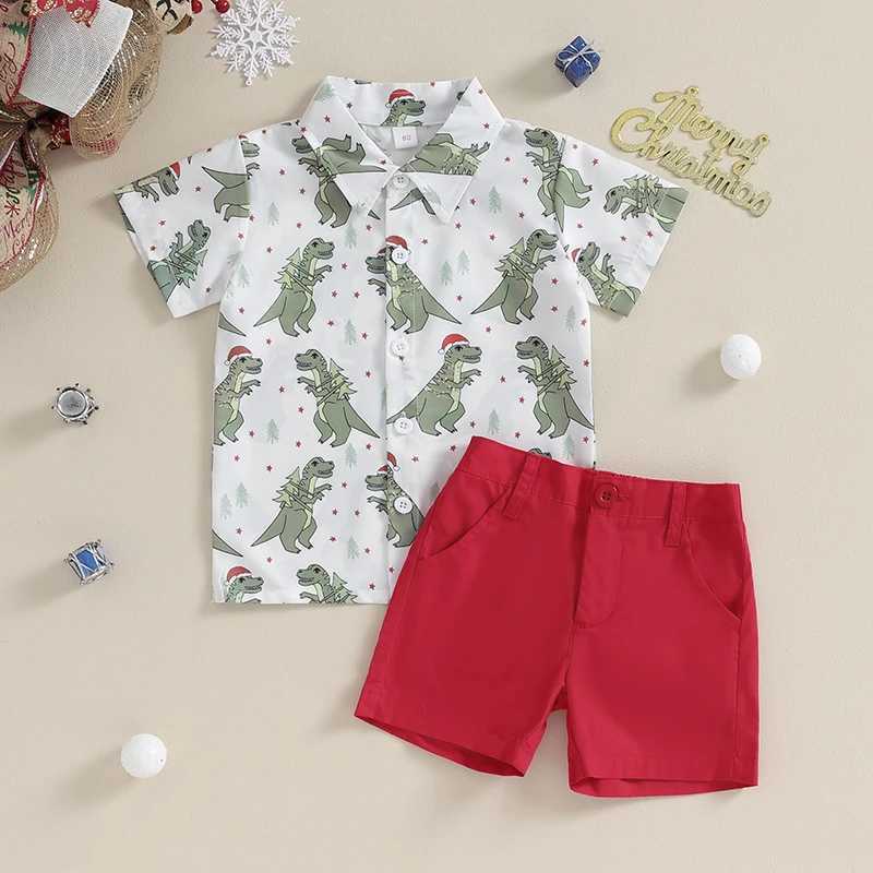 FOCUSNORM Christmas Preschool Baby Boy Clothing Set 0-4Y Dinosaur Printed Short Sleeve Single Chest Shirt W241213