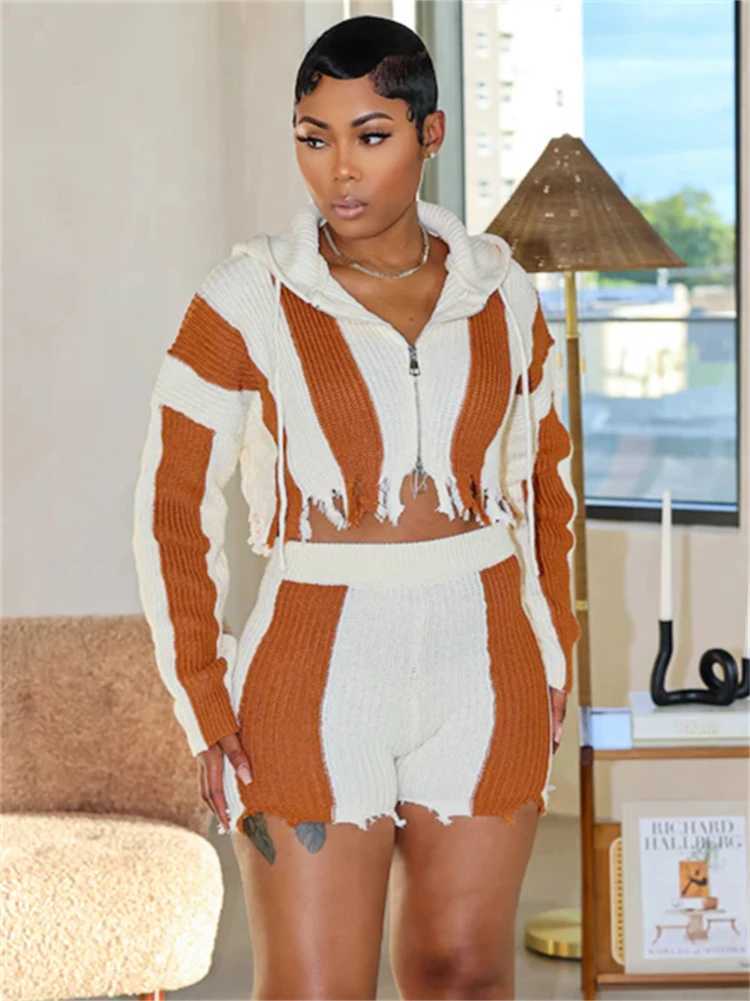 Women's Two Piece Pants WLWXR Winter Striped Ripped Knit 2 Piece Set Casual Outfits For Women 2024 Hooded Tassel Cropped Cardigan+Shorts Matching