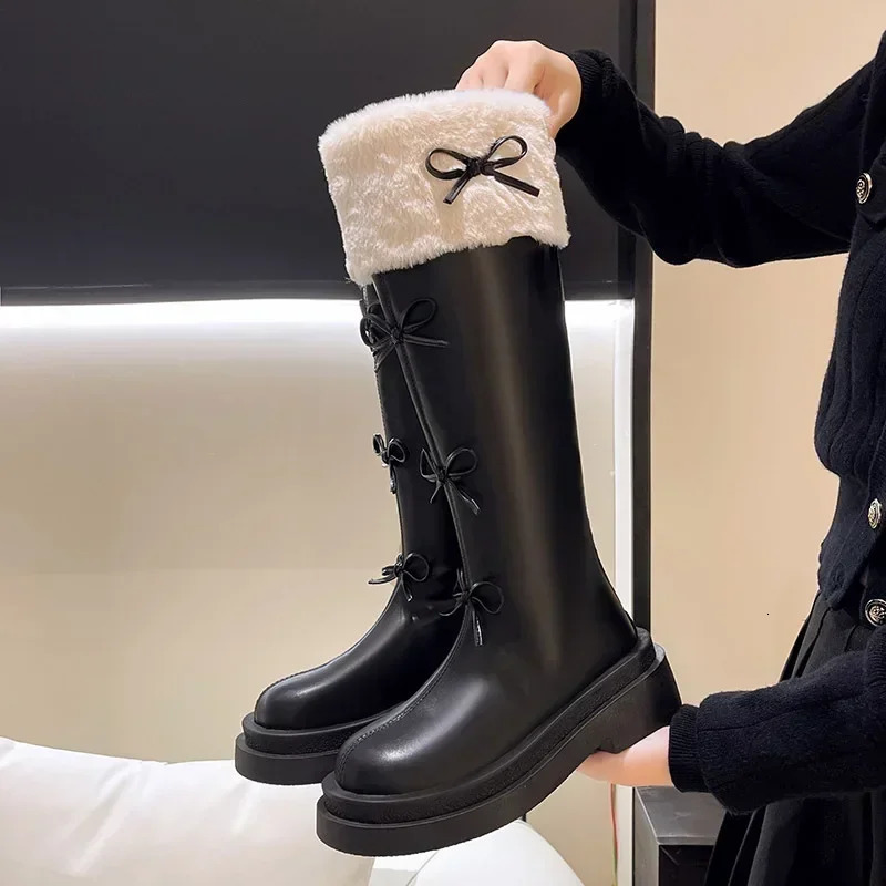 Womens leather velvet knee high boots winter fashion bow platform knight boots womens fashion cross series Botas drone 2024 241213