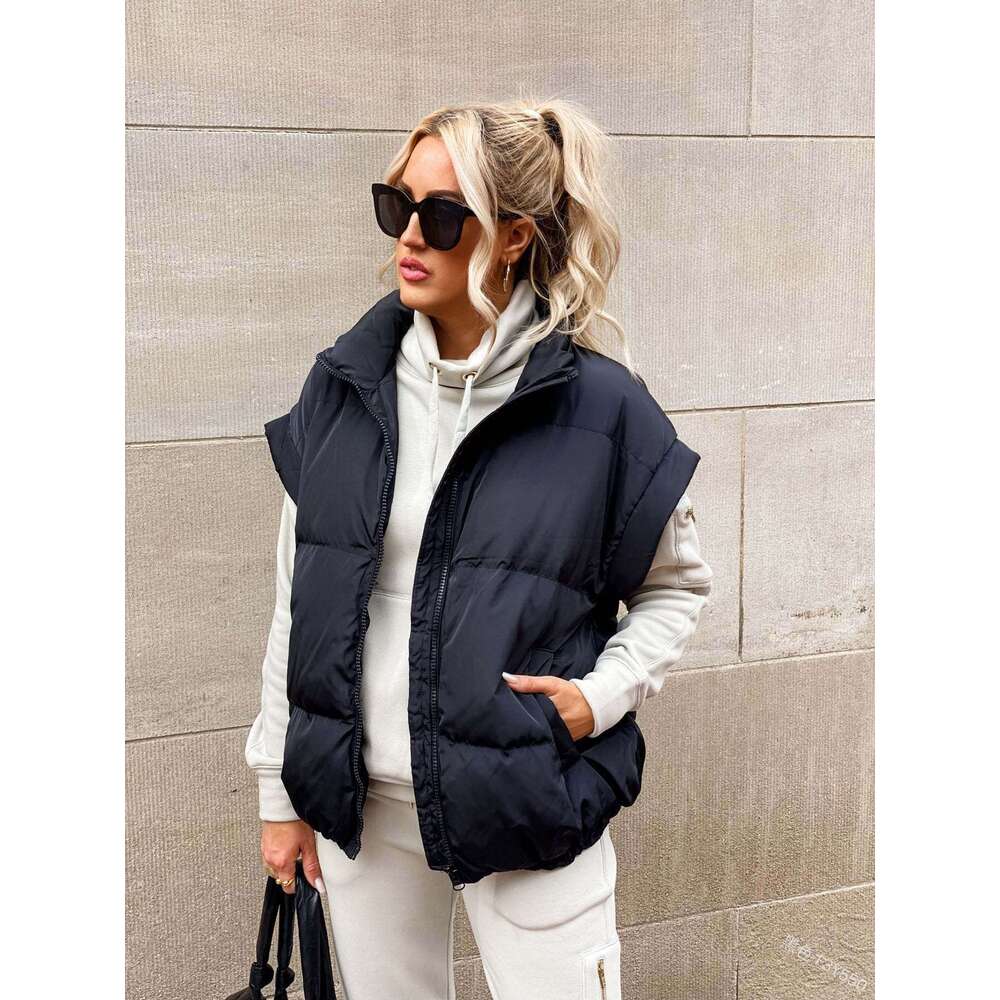 European And American Women's New Solid Color Zipper Pocket Stand Up Collar Cotton Coat Vest Commuting Jacket Fashionable Quality Classic