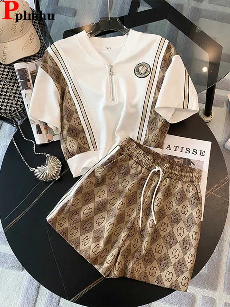 Women's Two Piece Pants 2024 Summer Thin 2 Pieces Sets Women Casual V-neck Short Pullover T-shirt Tops Conjuntos Korean High Waist Loose Pants Tr