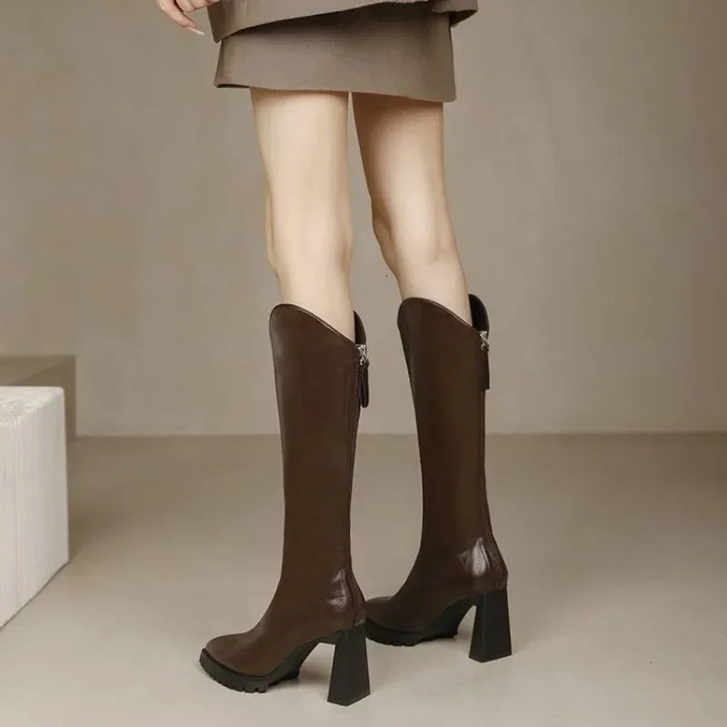Pointed Toe High Heels Womens Knee High Heels Leather Shoes 2025 Winter Sexy Gladiator Short Fat Chelsea Boots Pump MUJI Botas 241213