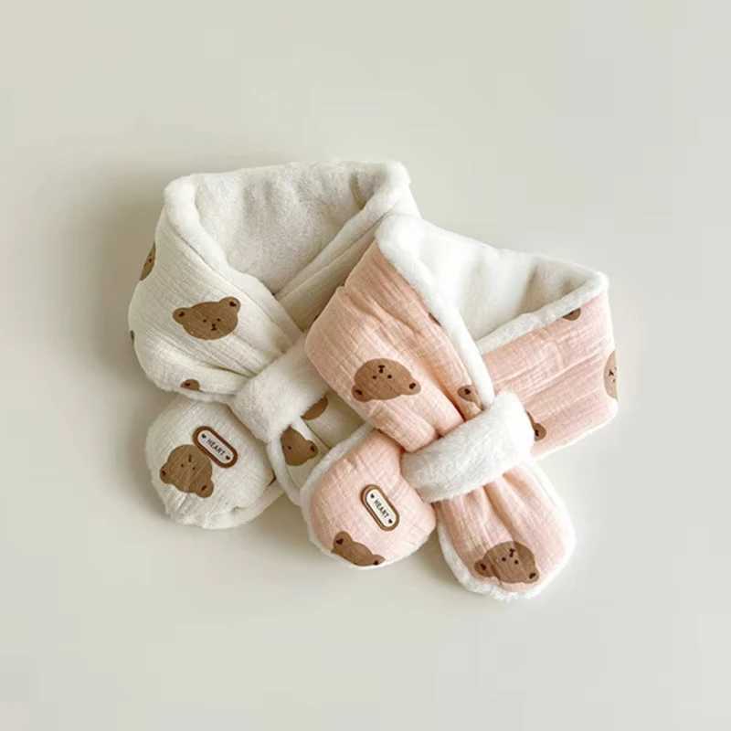 Scarves Wraps Cute Bear Baby Scarfs Winter Fleece Neck Warmer Cross Scarves for Girls Boys Toddler Kids Warm Accessories Korean 1-6 Years Old H241213