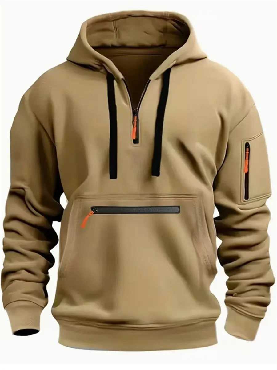 Autumn and Winter Mens Classic Outdoor Sports Leisure Solid Color Patchwork Multi-Pocket Drawstring long-sleeved hoodie W241213