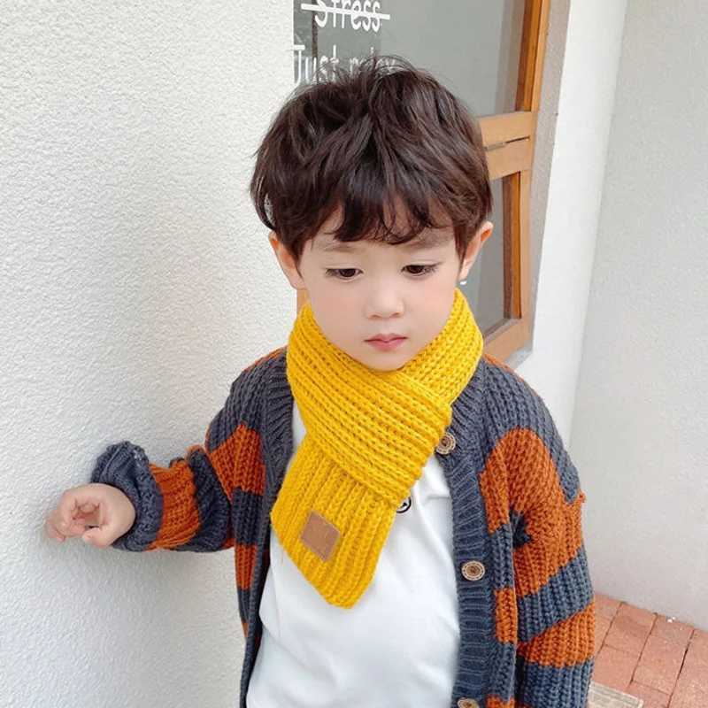 Scarves Wraps Winter Baby Knitted Scarfs Leather Lable Cross Kids Neck Warmer Children Boys Girls Scarves Baby Accessories 9*110cm 1-6Y H241213