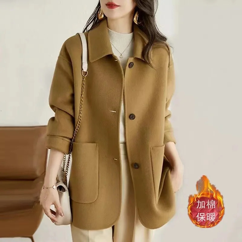 Wool Jacket Womens Korean Simple Loose Long Sleeved Woolen Coat Single Breasted Spring Autumn Female Casual Outwear 241213