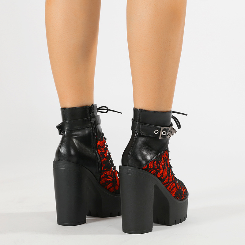 Women's Sexy Red Lace Up Platform High Heels - Vintage Inspired Gothic Buckled Ankle Boots