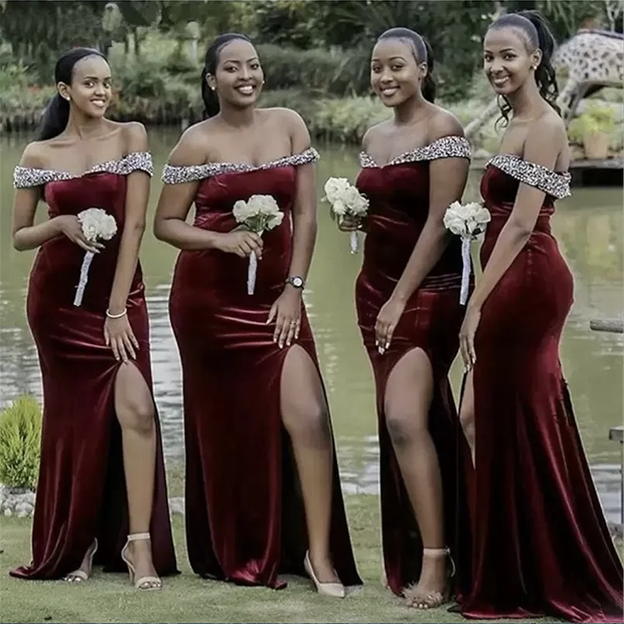 Burgundy Velvet Bridesmaid Dresses with Beaded Off Shoulder Wedding Party Gowns Side Split Long vestido de fiesta de boda