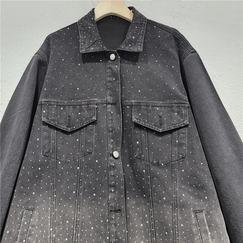 DEAT 2024 trend gradient heavy industrial diamond jacket womens long sleeved loose denim jacket womens 11A0615 241209