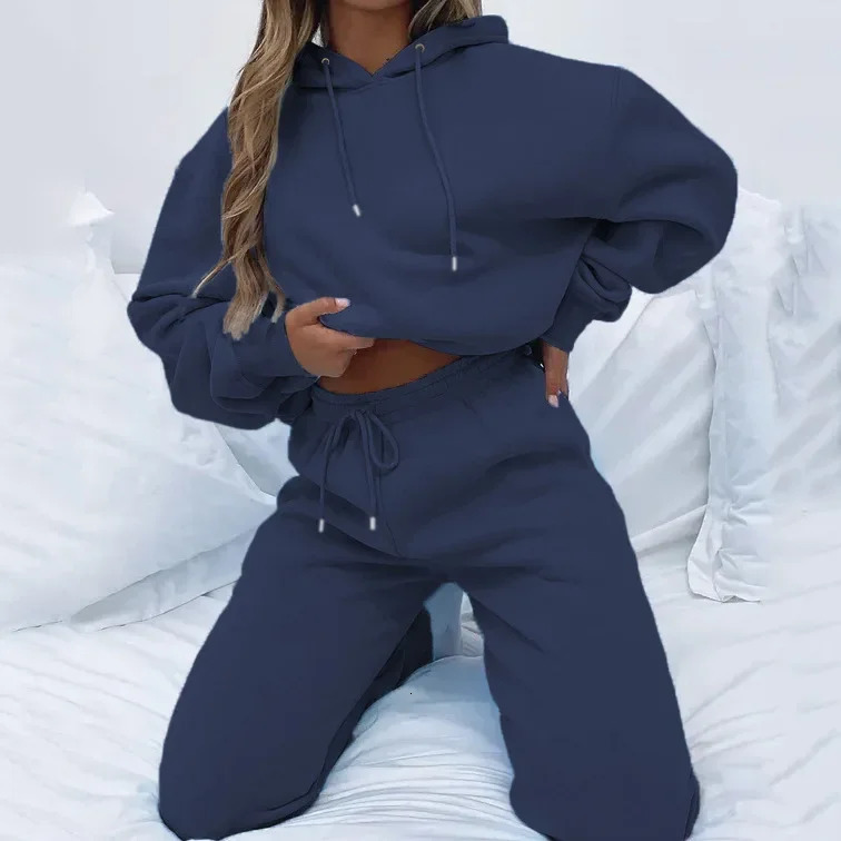 Women Two Piece Sets Tracksuit outfit Hooded Sweatshirts Pocket Drawstring Long Pants Suit Thick Casual Office Lady Autumn 241203