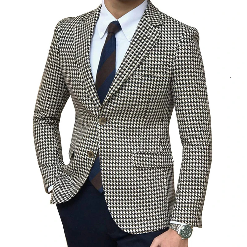 Houndstooth Plaid Casual Blazer For Men One Piece Suit Jacket With 2 Side Slit Slim Fit Male Coat Fashion 2024 In Stock
