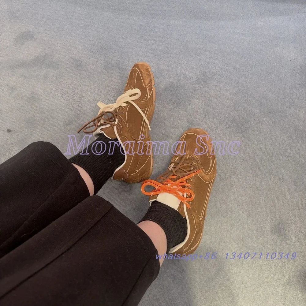 Round shoelaces mixed colors suede sneakers flat casual mesh sneakers brown er fashionable womens shoes ly arrived in 2024 241213