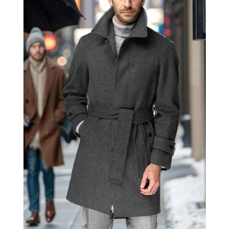Mens Raglan Sleeve Coat Autumn and Winter Mid Length Fashion Flip Collar Wool Belt Casual 241213