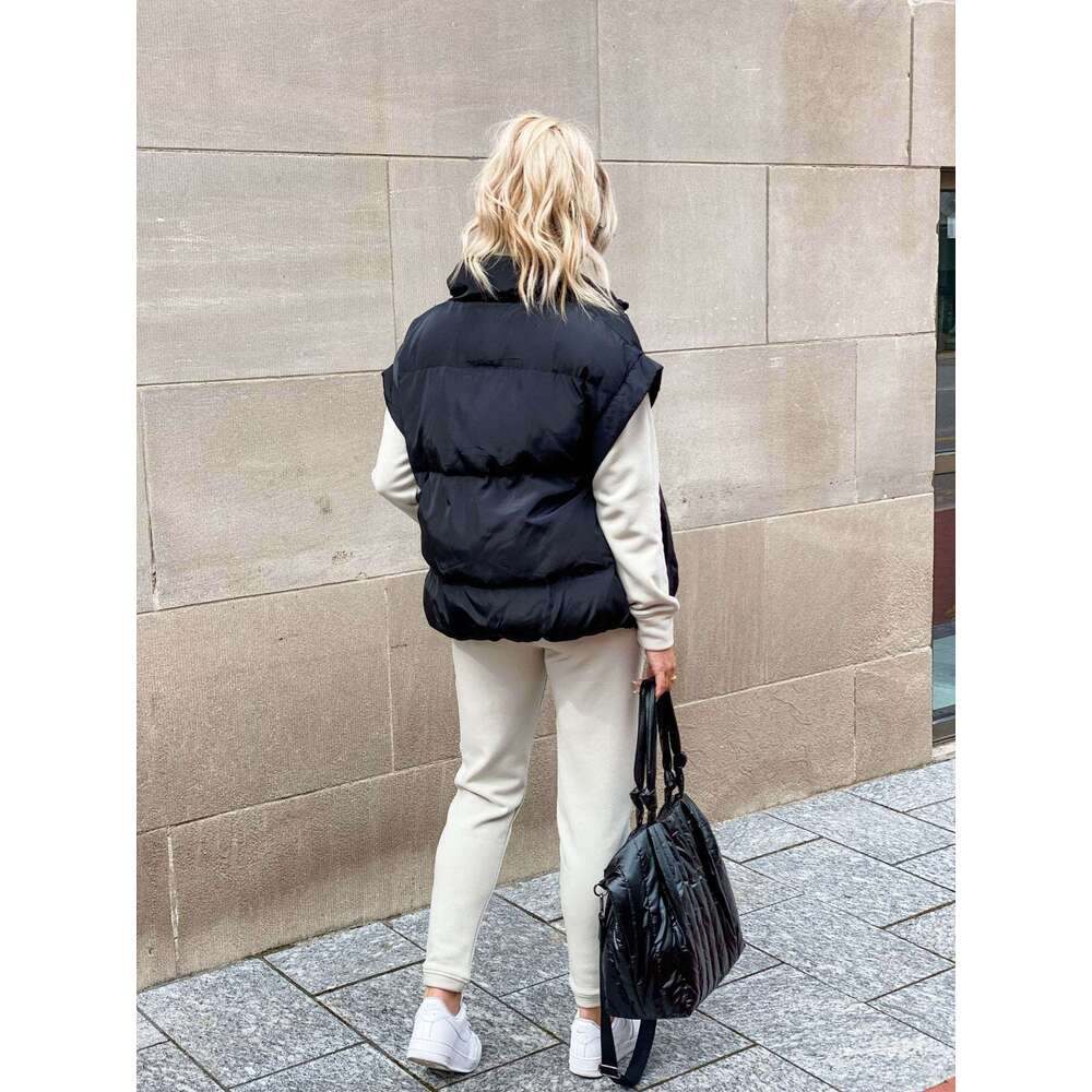 European And American Women's New Solid Color Zipper Pocket Stand Up Collar Cotton Coat Vest Commuting Jacket Fashionable Quality Classic