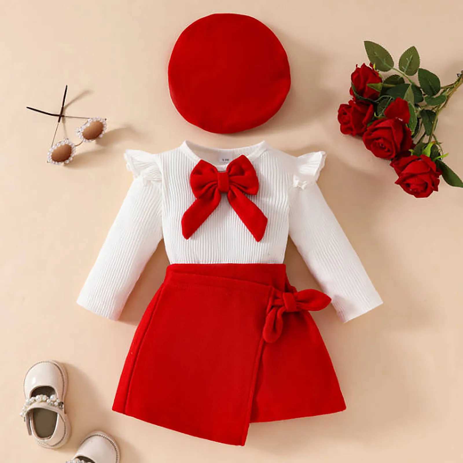 Baby girl set solid color set 0-3Y long sleeved bow top irregular skiing and beret 3-piece baby Christmas costume W241213