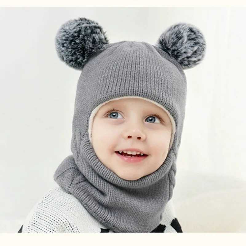 New Cute Balaclava Hats Children Double Balls One-piece Hat Scarf Boys Girls Autumn Winter Pompom Ball Wool Cap Gorros InviernoXJ241213