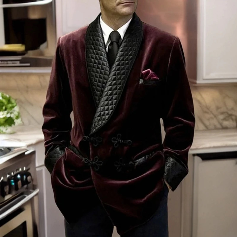1 Pc Veet Smoking Jacket Shawl Lapel Loose Men Suit Prom Blazer Retro Dinner Party Male Fashion Coat 2024 Latest Designs