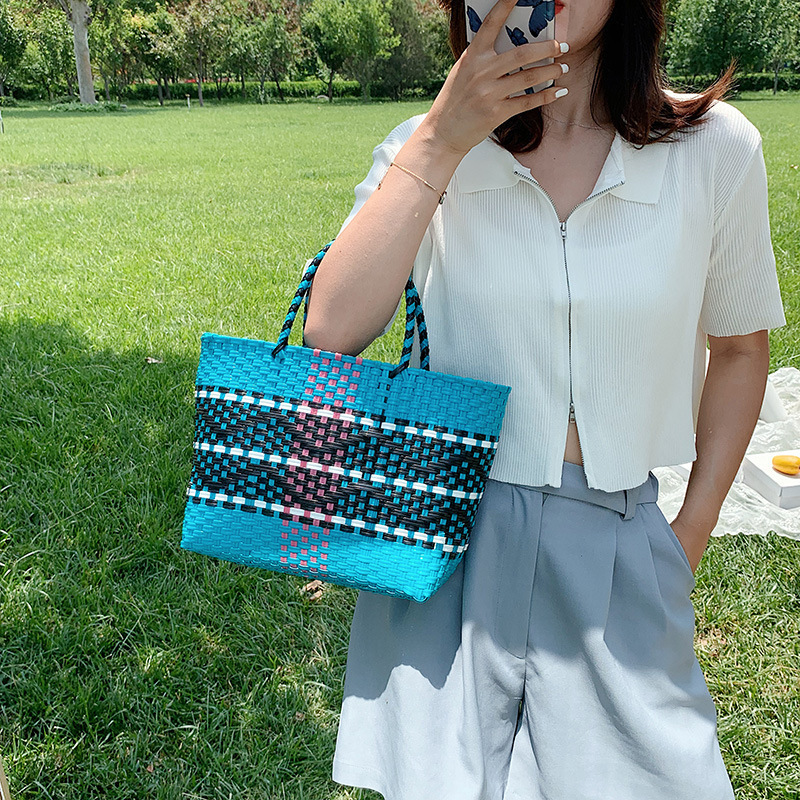 Plastic Woven Women's Handbag Handmade Bohemia Storage Basket Contrast Tote Designer Summer Beach Bag Female Shoulder Bags