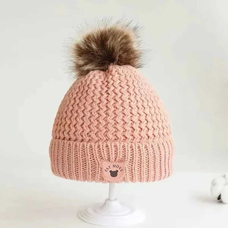 Fall Winter Baby Knit Hat Bear Leather Label Thicken Fleece Cap for Boy Girls Cute Pompom Kids Beanie Infant AccessoriesXJ241213