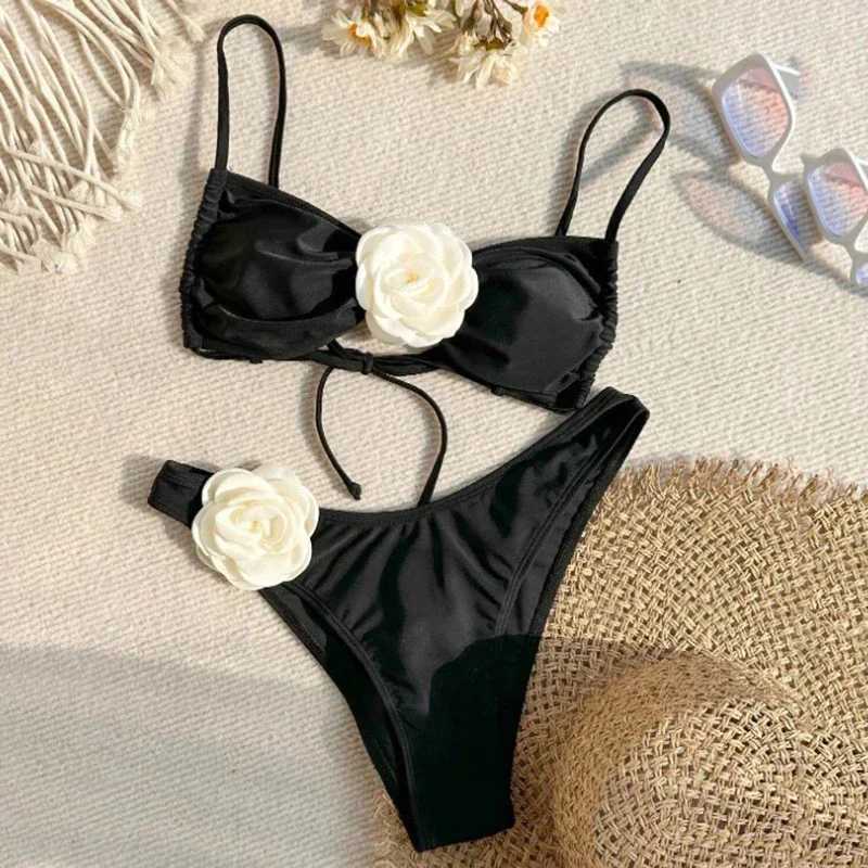Sexy Flower Bandeau Swimwear Thong Bikini 2025 Women Lace-up Swimsuits Swimming Bathing Suit Brazilian Bikinis Set Mujer BiquiniXJ241212